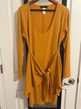 Fashion to Figure Mustard Ribbed Tie Waist Dress | Long Sleeve Size 1